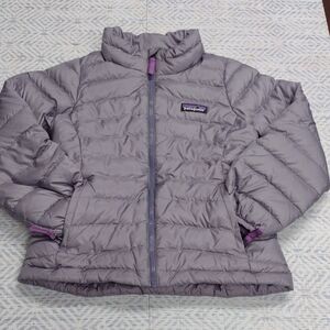 Patagonia Kids Girl Puffer Jacket - Light Gray with Purple Accents